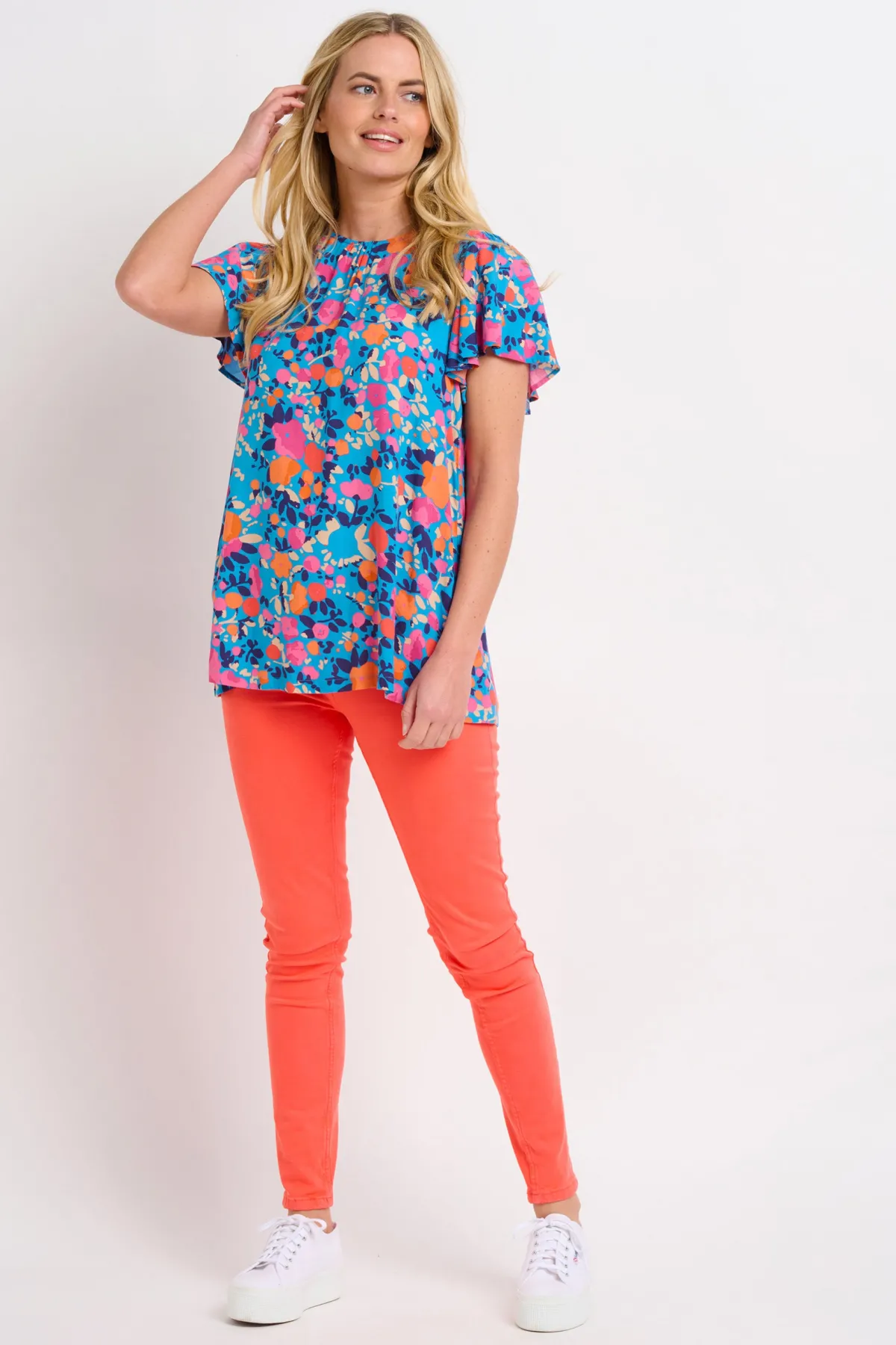 Brakeburn Bloom Floral Flutter Sleeve Blouse Blue Clearance