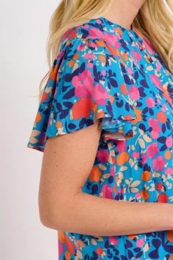 Brakeburn Bloom Floral Flutter Sleeve Blouse Blue Clearance
