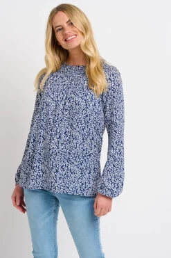 Brakeburn Floral Trail Shirring Blouse Navy Outlet