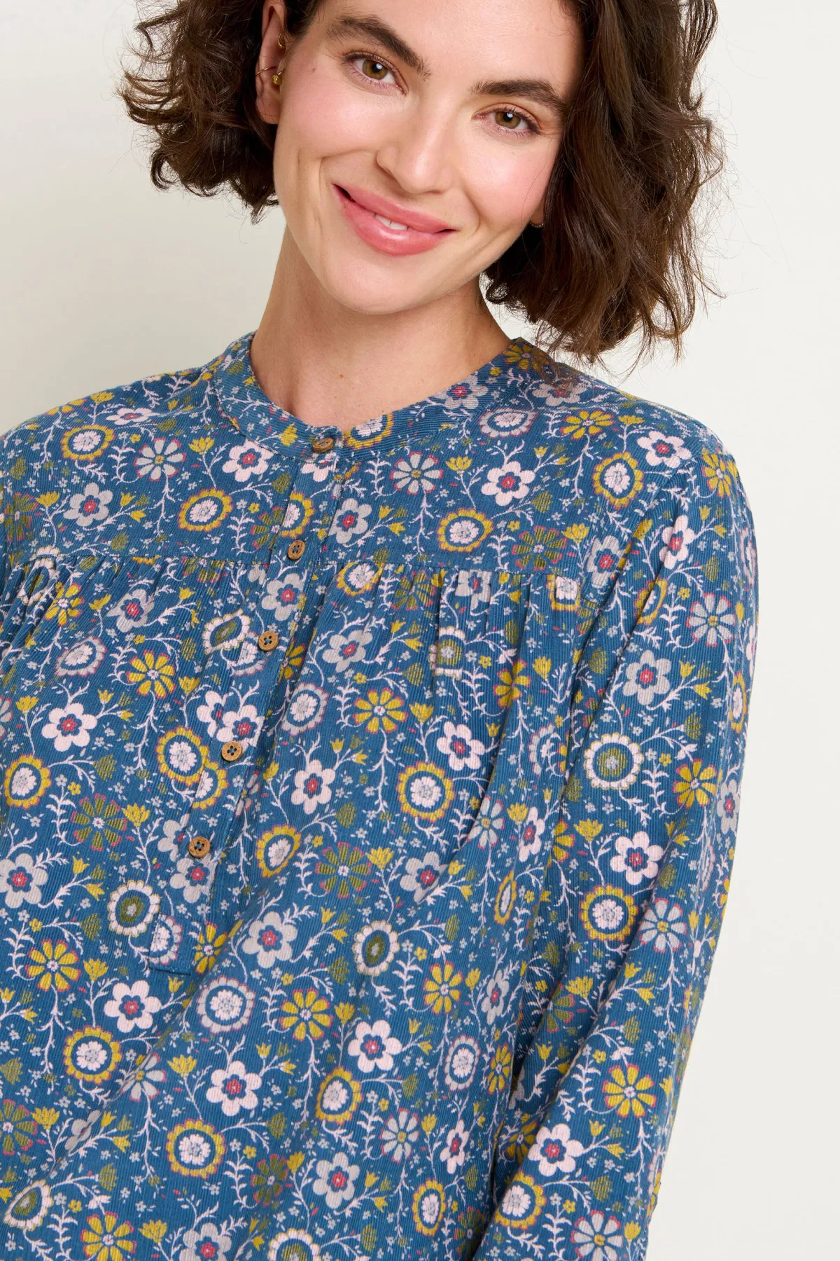 Brakeburn Folk Floral Cord Shirt Blue Flash Sale