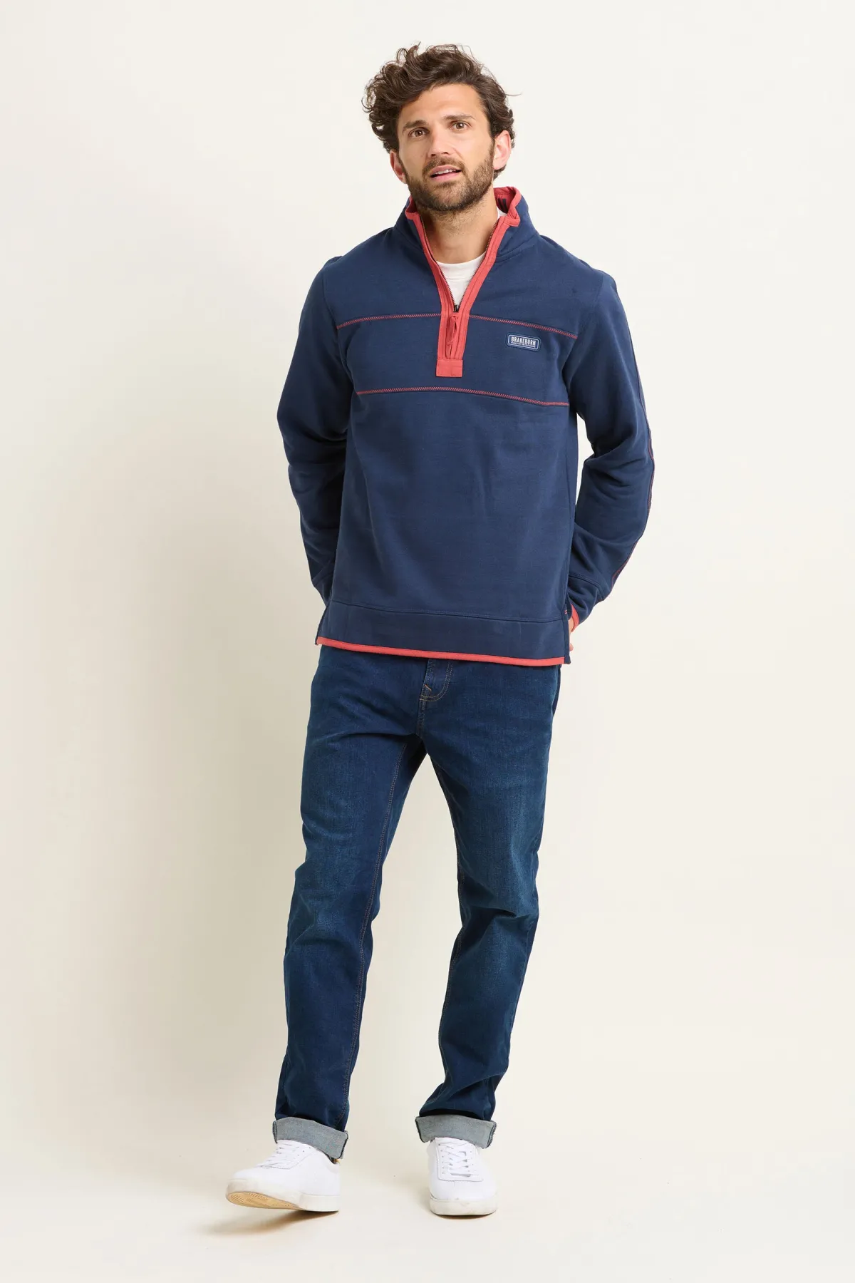Brakeburn Navy Quarter Zip Sweatshirt Burgundy Best
