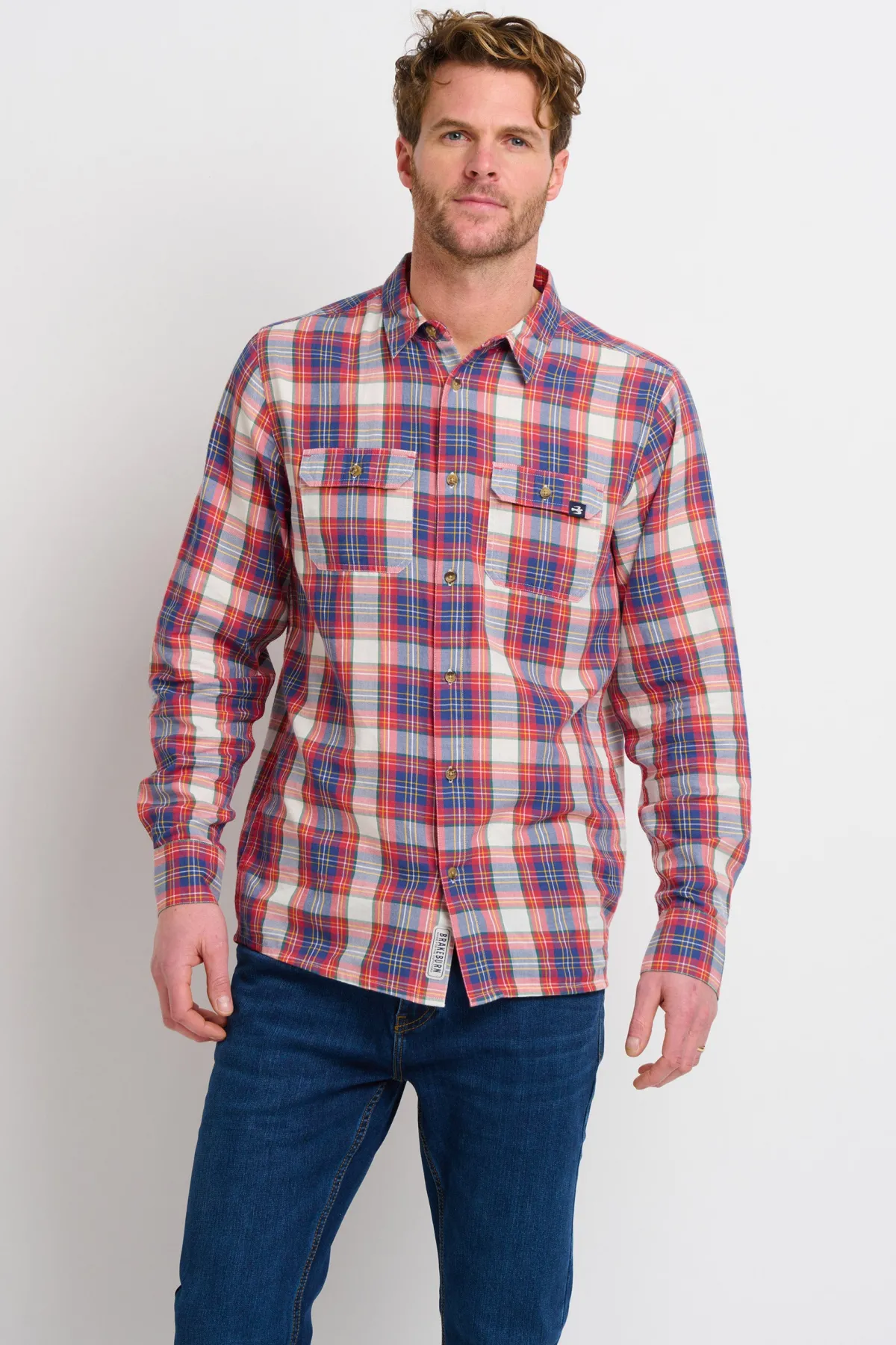 Brakeburn Red Long Sleeve Checked Shirt Cream Clearance