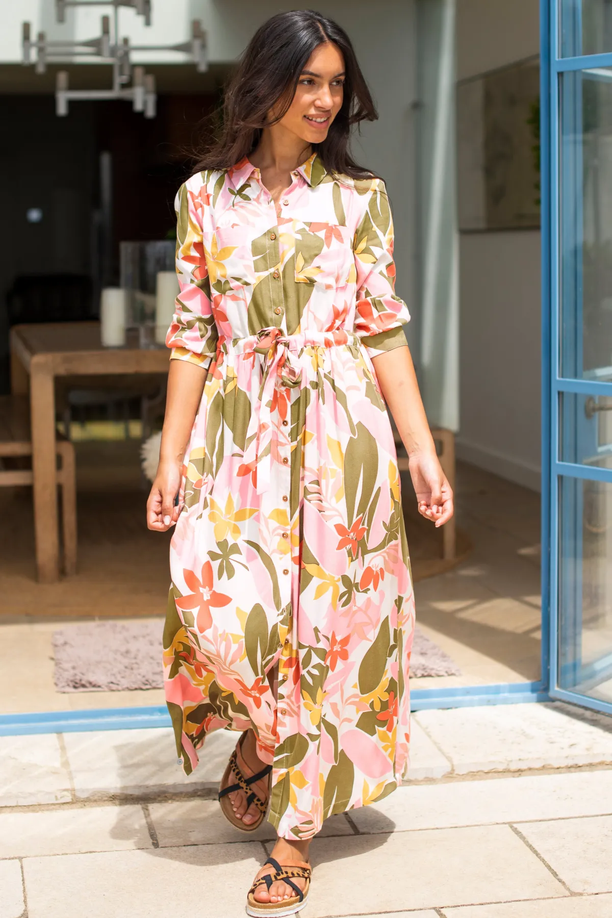 Brakeburn Tropical Palm Shirt Dress Khaki Flash Sale