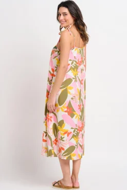 Brakeburn Tropical Palm Strappy Dress Khaki New