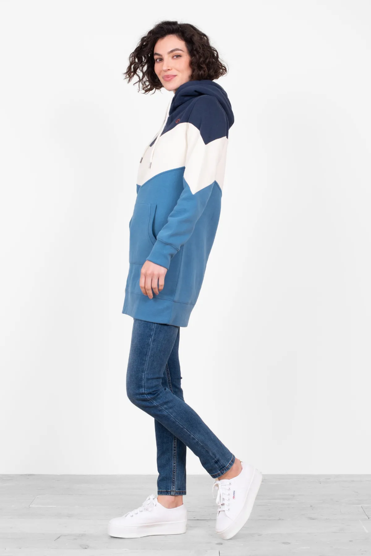 Brakeburn Ziggy Colourblock Longline Hoodie Blue New